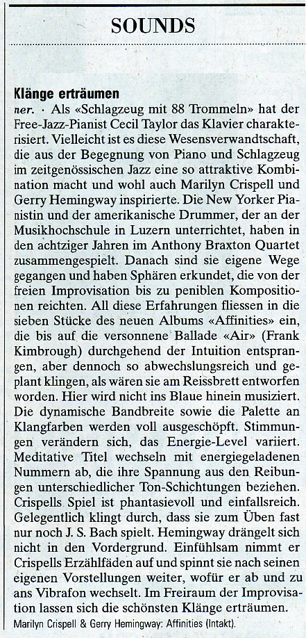 Chritoph Wagner Review of Marilyn Crispell and Gerry Hemingway Affinitoies